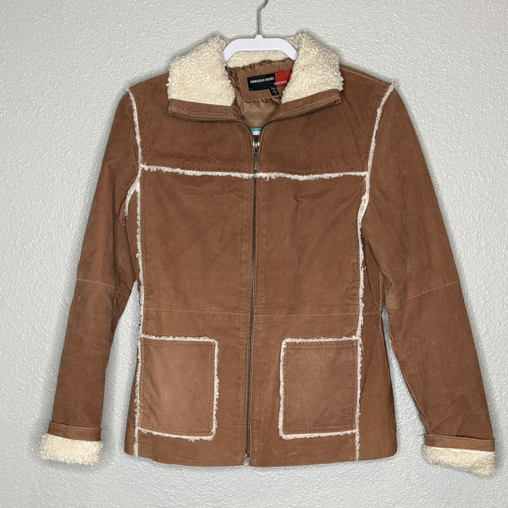 Marcelle Renee Shearling Leather Jacket Brown Sherpa Lined Y2K Boho Coat Small